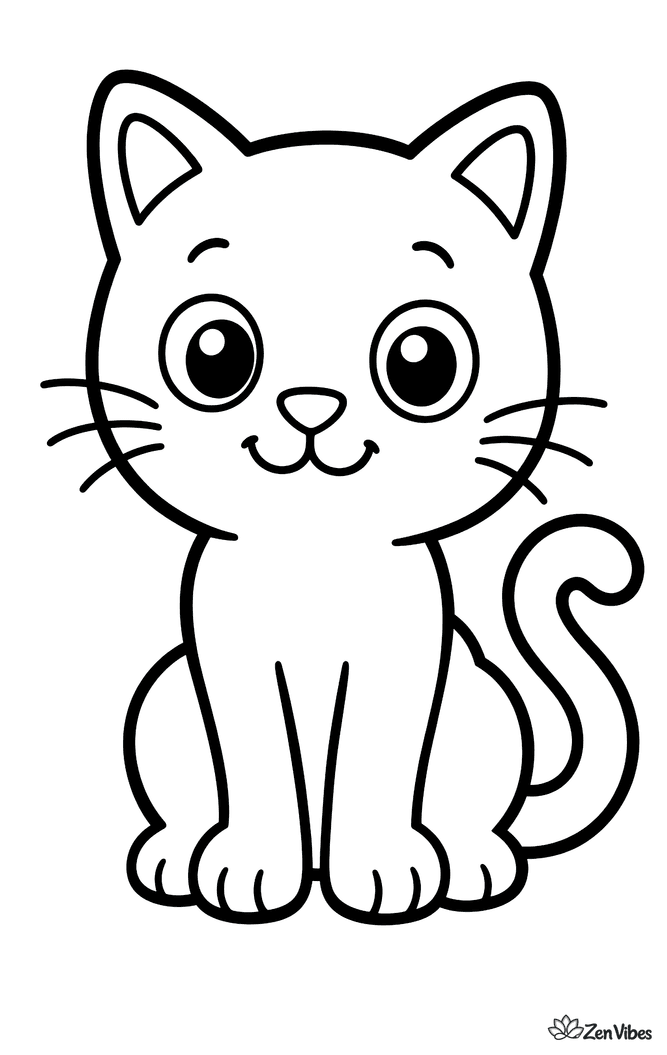 One cat sitting upright and facing forward with a curled tail, big simple eyes, and no background