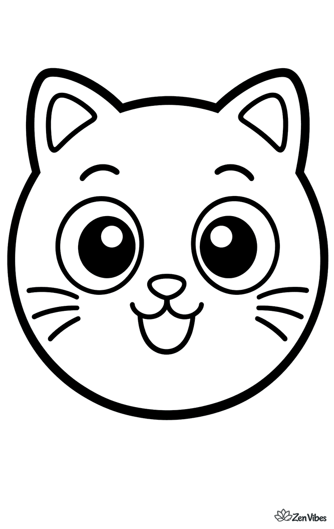 A big round kitten face with wide eyes, small ears, three whiskers on each side, and no background