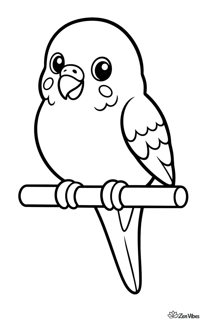 One small round budgie sitting on a simple perch, with a short beak and a long tail, no background