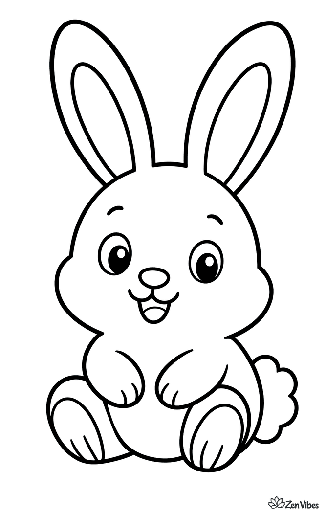 One round bunny sitting up with tall ears, a small nose, and a fluffy tail, no background