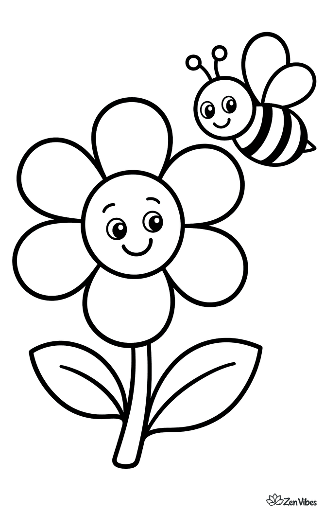 One big six-petal flower on a stem with a friendly bee flying beside it