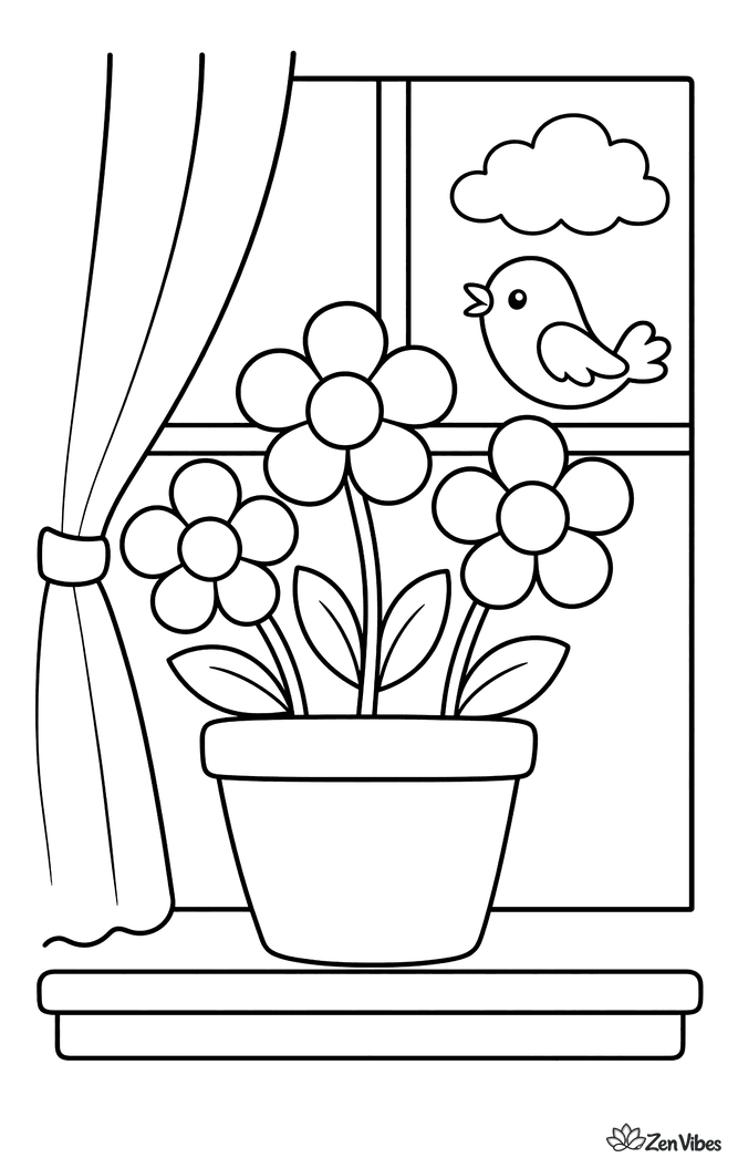 A pot with three flowers sitting on a windowsill, with a curtain to one side and a bird outside the window