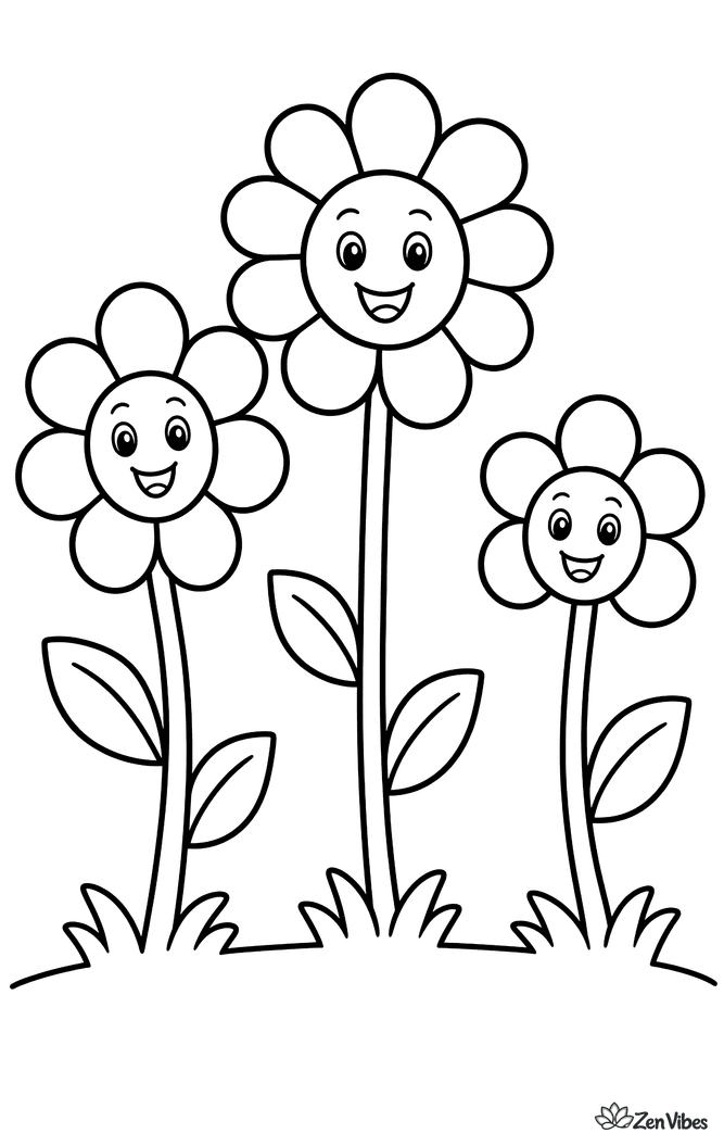 Three tall flowers of different heights standing side by side on a ground line