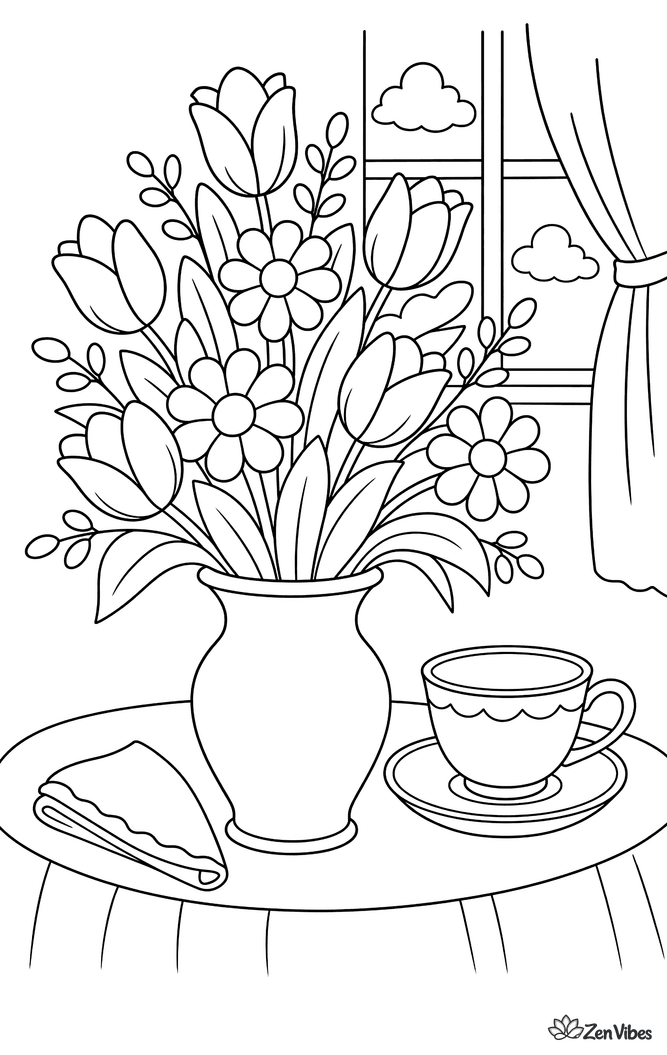 A mixed bouquet of round and tulip-shaped flowers in a curved vase on a table, with a folded napkin and a teacup beside it