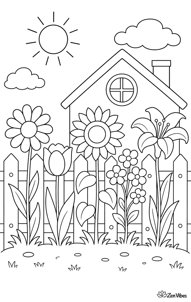 A row of different flowers growing in front of a picket fence, with the roof of a small house and the sun behind