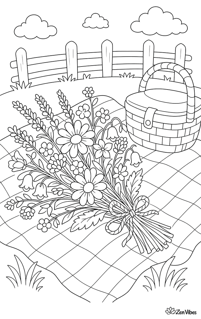 A loose bunch of wildflowers tied with twine, lying on a checked picnic blanket with a basket nearby