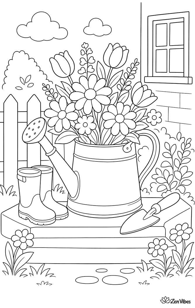 A bunch of flowers sticking out of an old watering can on a garden step, with a pair of boots and a trowel beside it