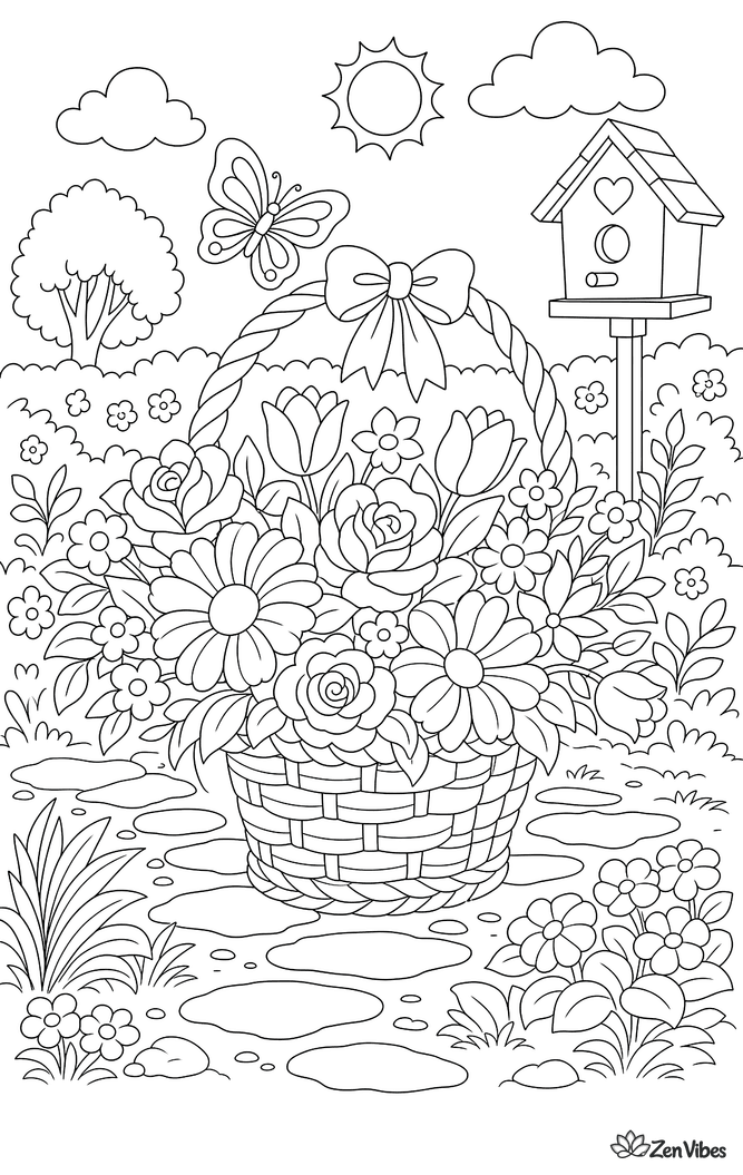 A woven basket with a tall handle overflowing with flowers, set on a garden path with a hedge, a butterfly, and a birdhouse on a post behind it