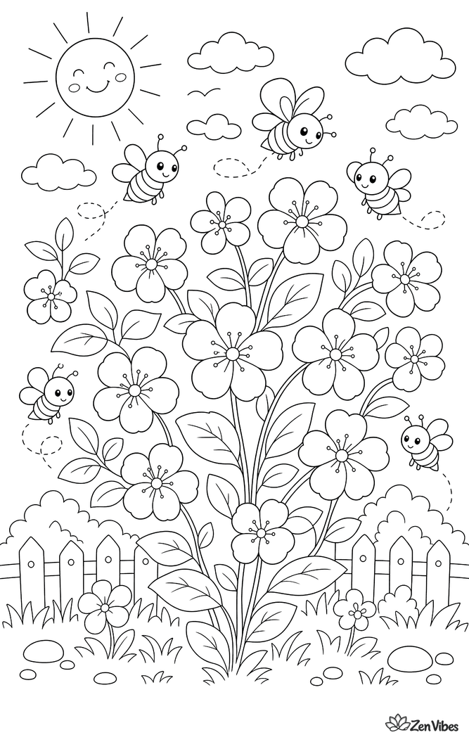 Small five-petal blossoms, leaves, and little bees scattered evenly across the whole page