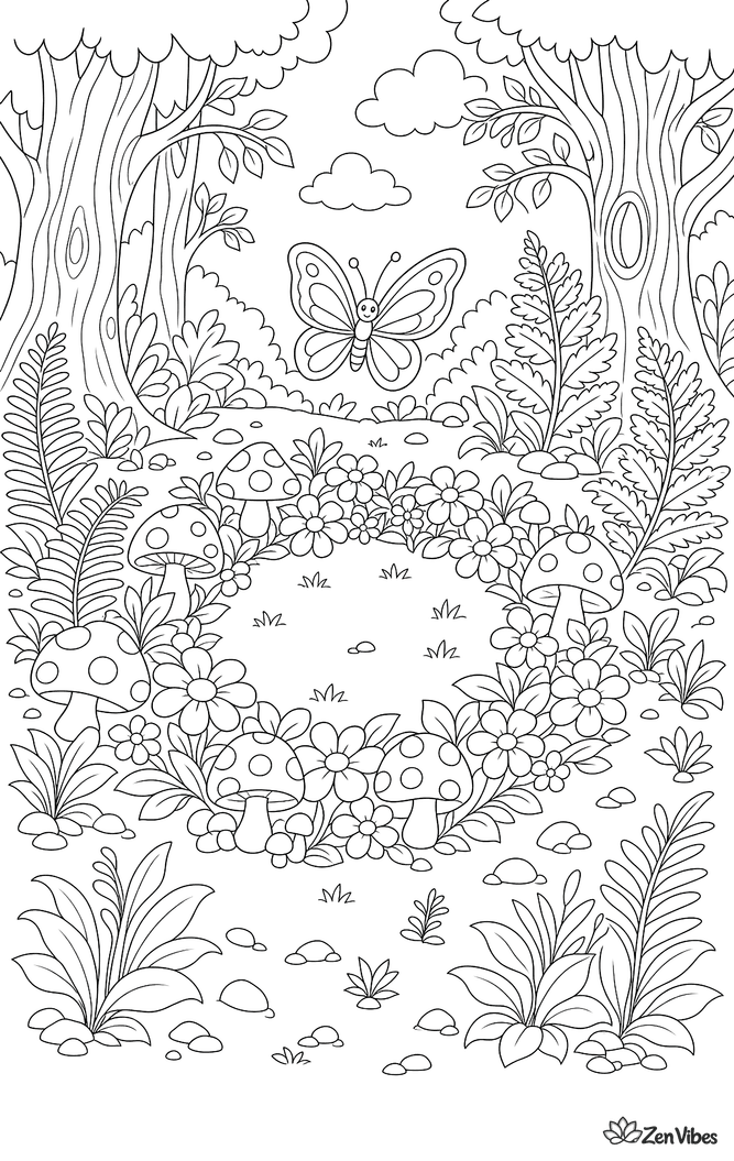 A circle of flowers and mushrooms in a forest clearing, with tree trunks, ferns, and a butterfly above the center