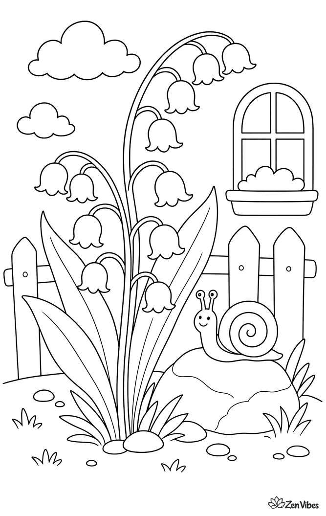 A cluster of bell-shaped flowers on arched stems growing beside a garden stone with a snail on it